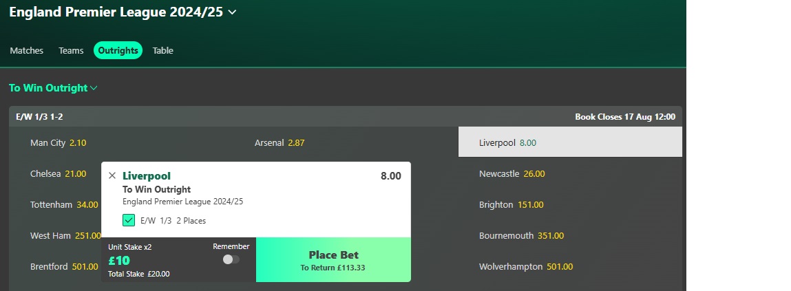 Bet365 Football Each Way Bet Slip